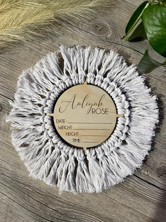 Macrame Birth announcement disc